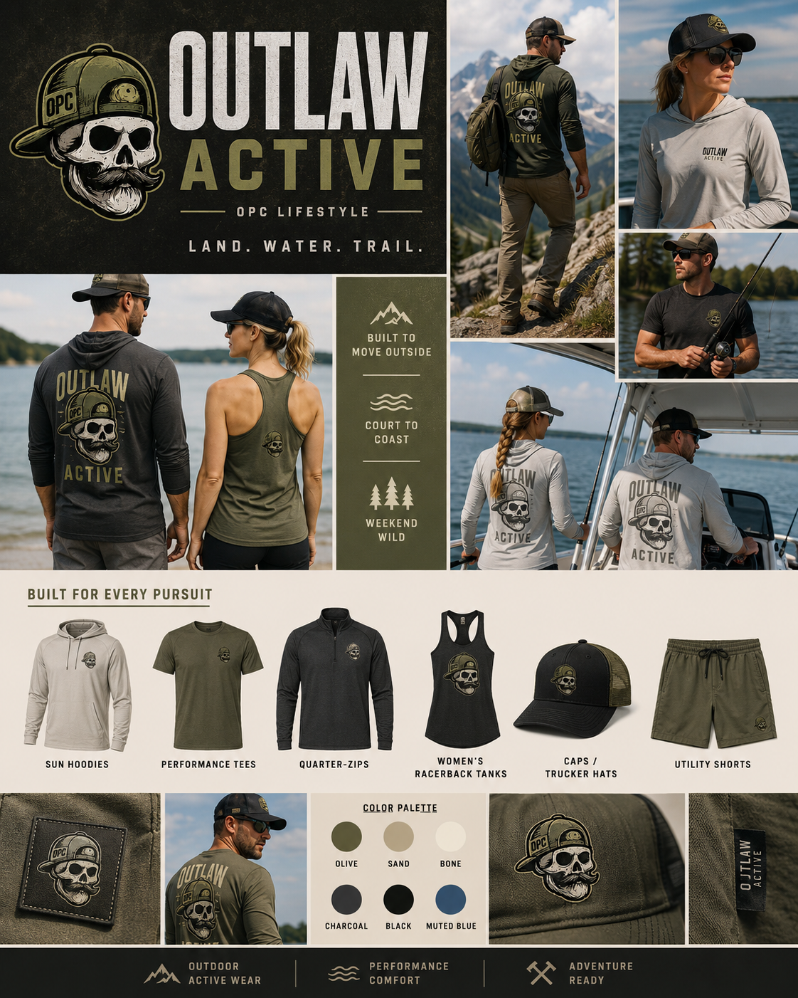 OPC Active — Performance apparel for training, trail, and everyday grind. Brand sheet.